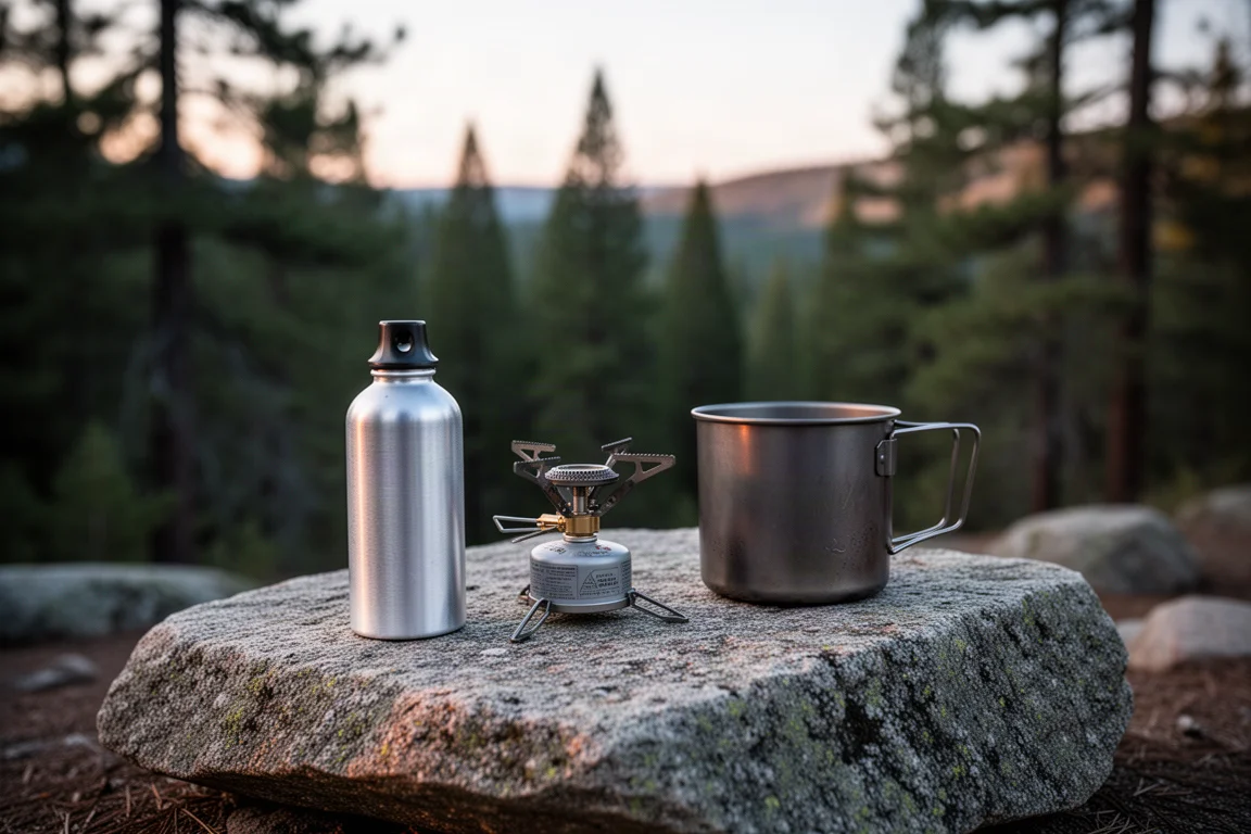 Kleine Brennstoffflasche und Alkohol-Kocher auf einer Granitplatte an einem Wildnis-Campingplatz