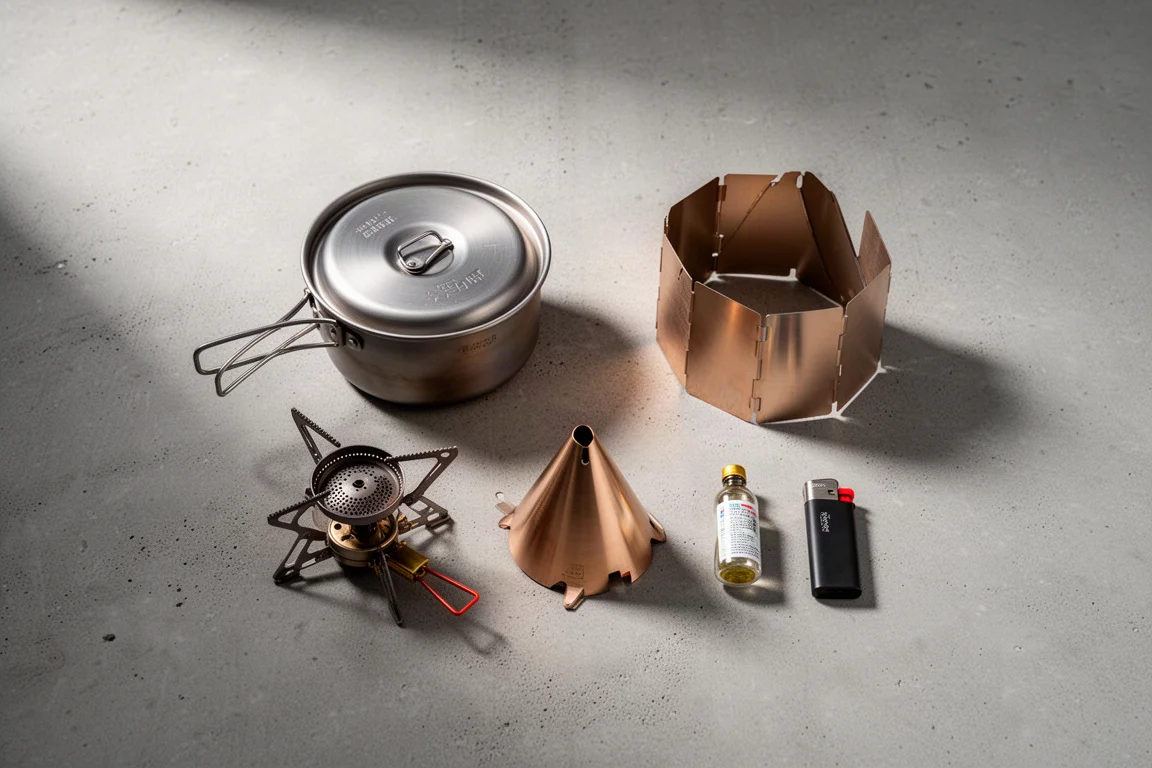 Ultralight backpacking alcohol stove kit arranged on a concrete surface