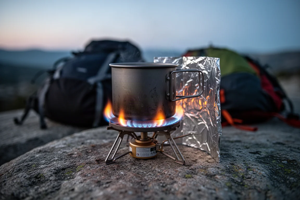 Backpackbrander met vlammen rondom de rand onder een titanium pannetje in de schemering