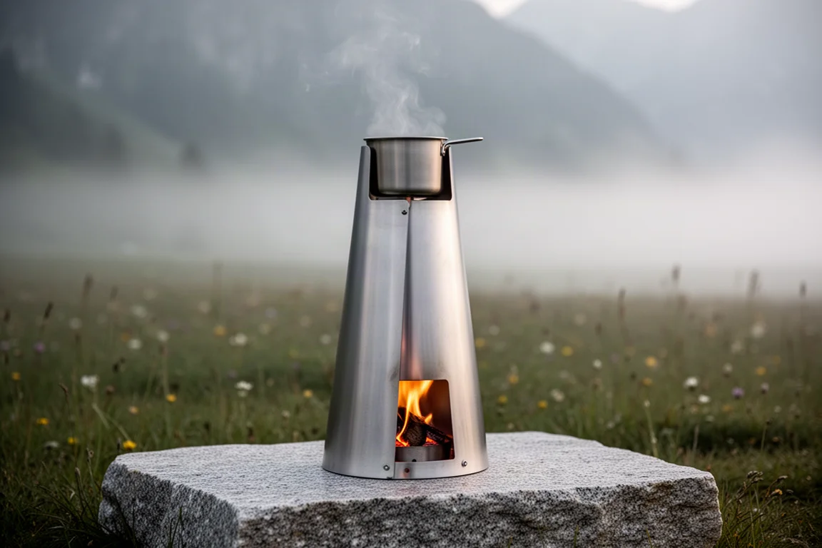 Conische aluminium conewindscherm met een titanium pannetje erbovenop in een mistige weide