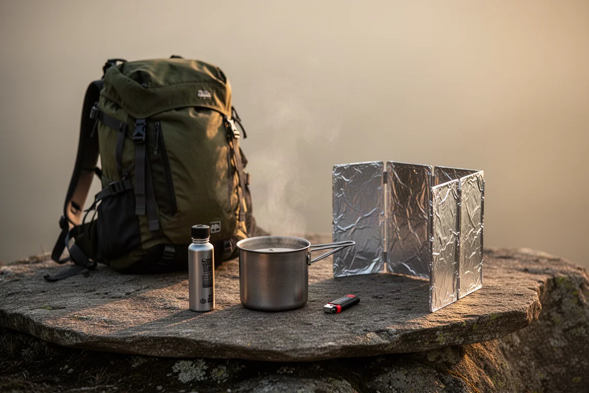 Campingkeuken met dampend titanium pannetje, brandstoffles en foliewindscherm op rots in goudgeel licht