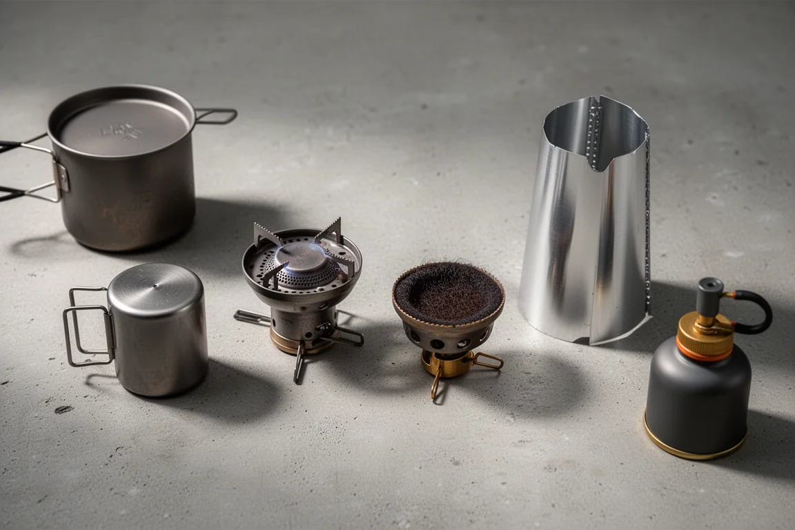 Four backpacking alcohol stoves and a cone windscreen arranged on a concrete surface