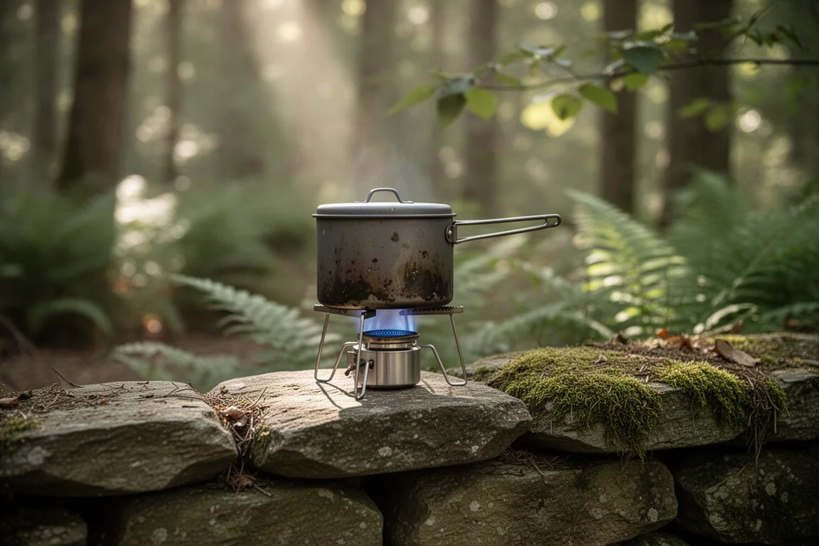 Pequeño quemador de alcohol con una olla sobre un viejo muro de piedra en el bosque