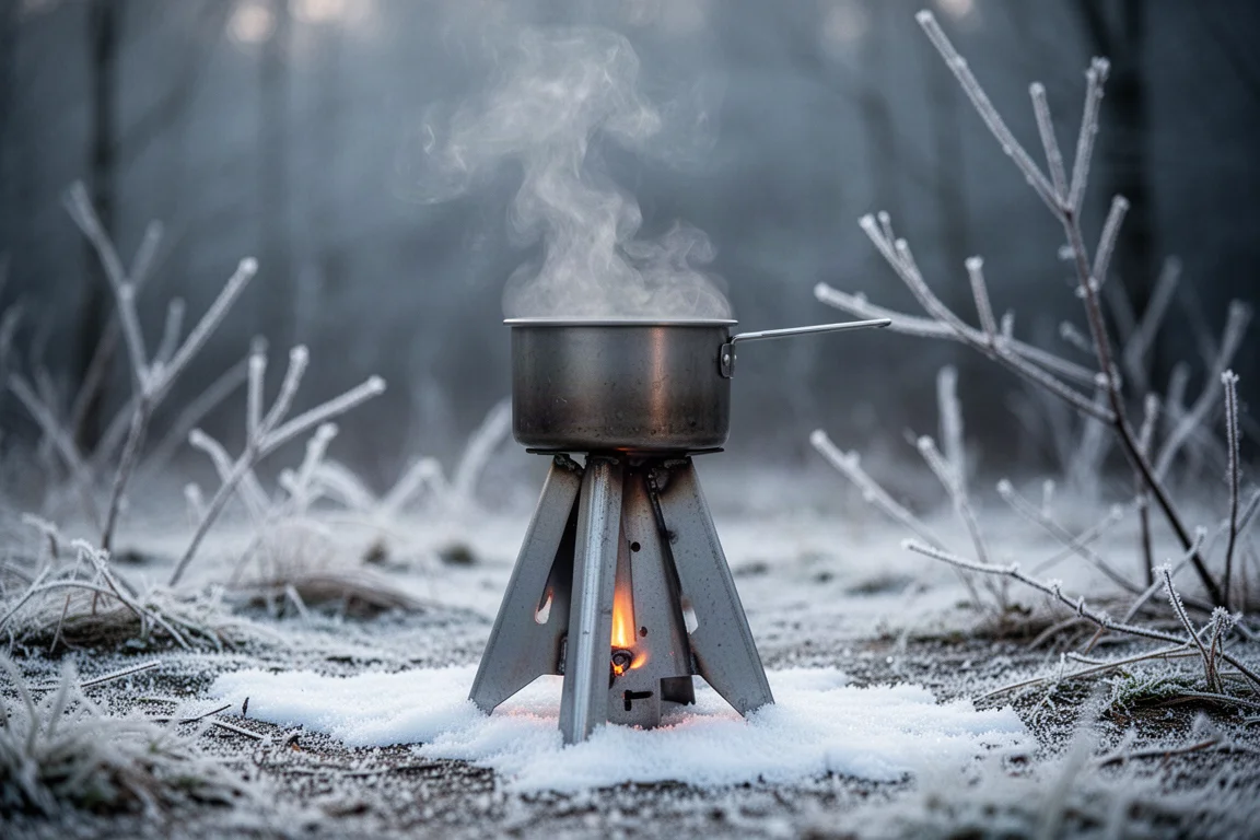 Olla soltando vapor sobre un soporte de cono en condiciones frías y nevadas