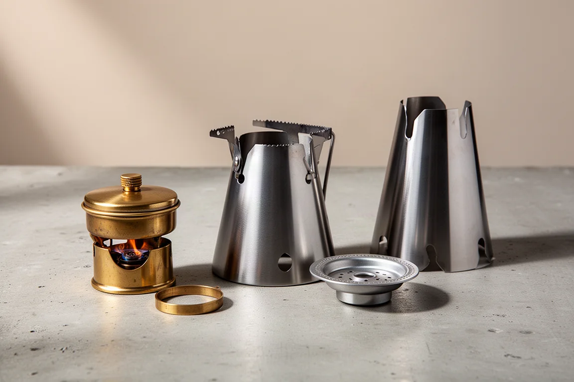 Three alcohol stove setups, a spirit burner and two cone-style pot supports, on concrete