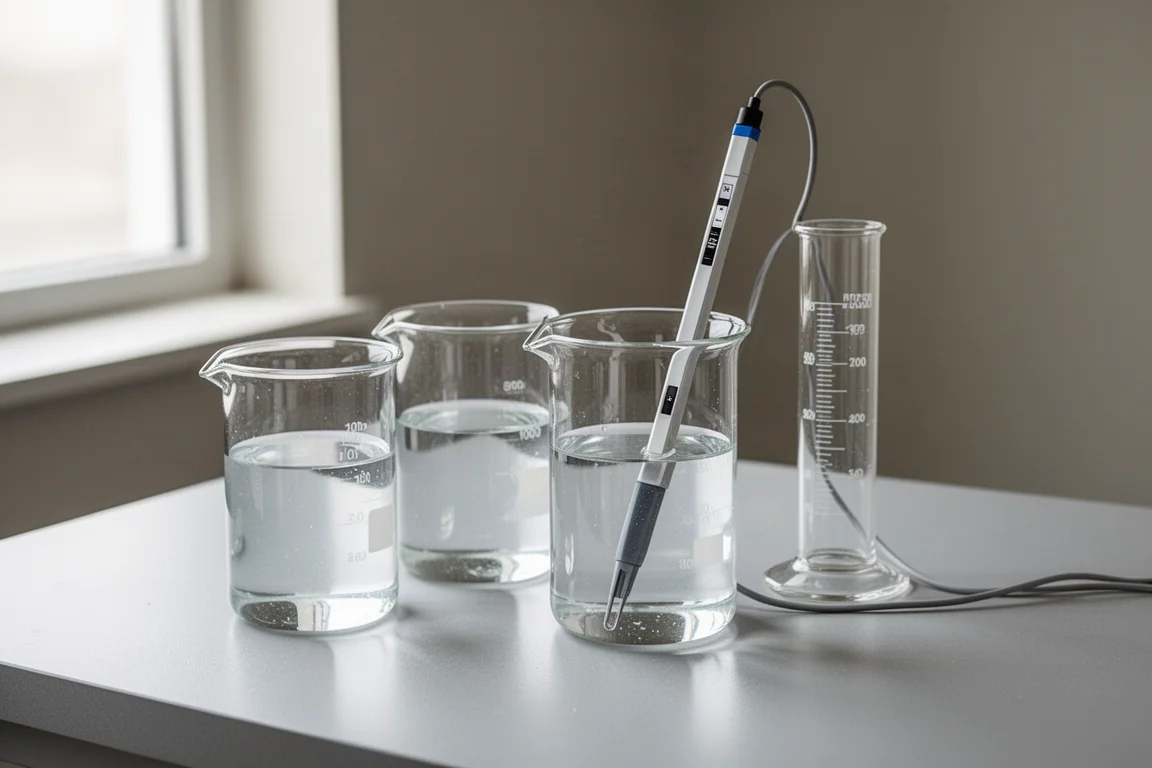 Watertestbank met glazen bekertjes, een maatcilinder en een pH-sonde