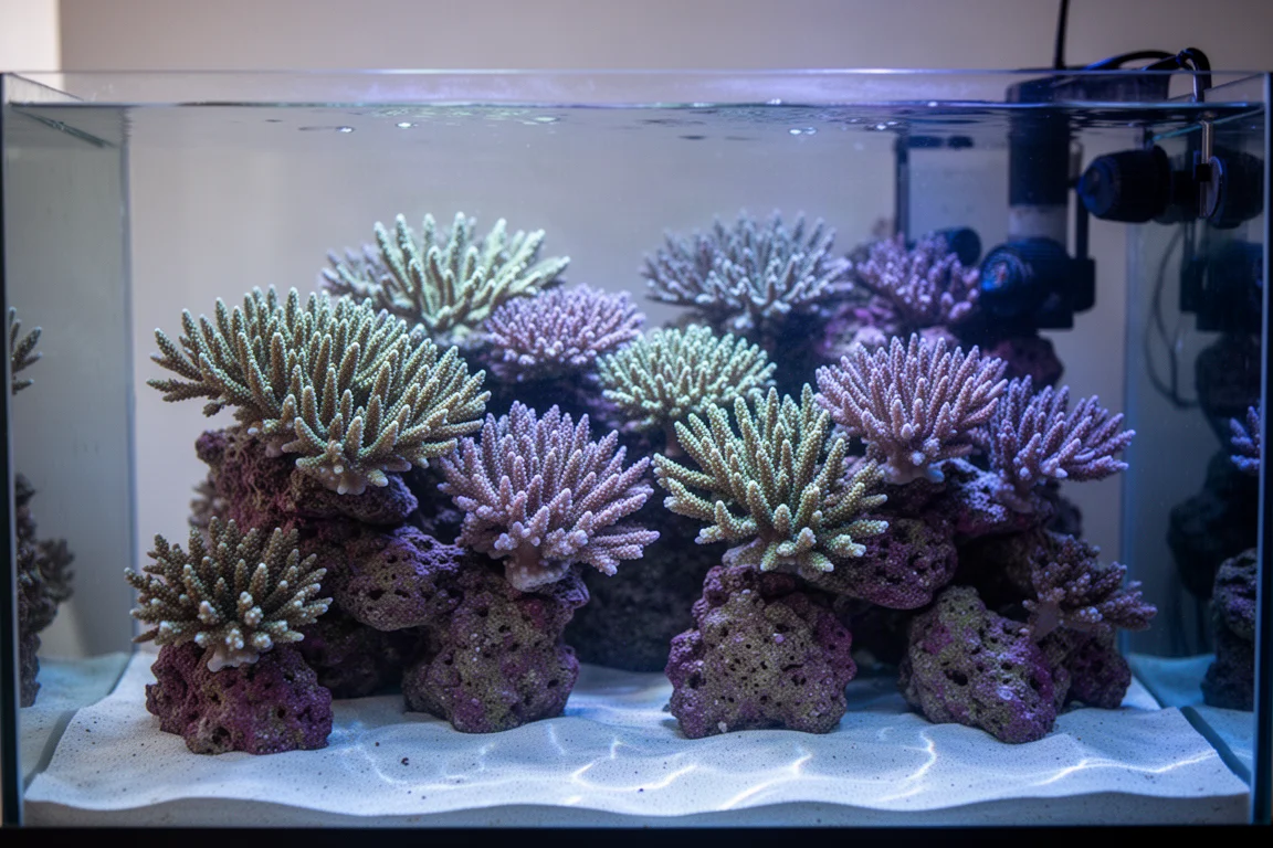 Close-up van vertakkende steenkoralen in een rifaquarium onder blauw licht