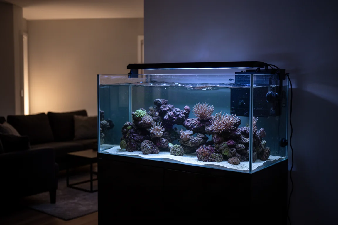 Thuis rifaquarium dat in de schemering in een woonkamer gloeit met rustig water