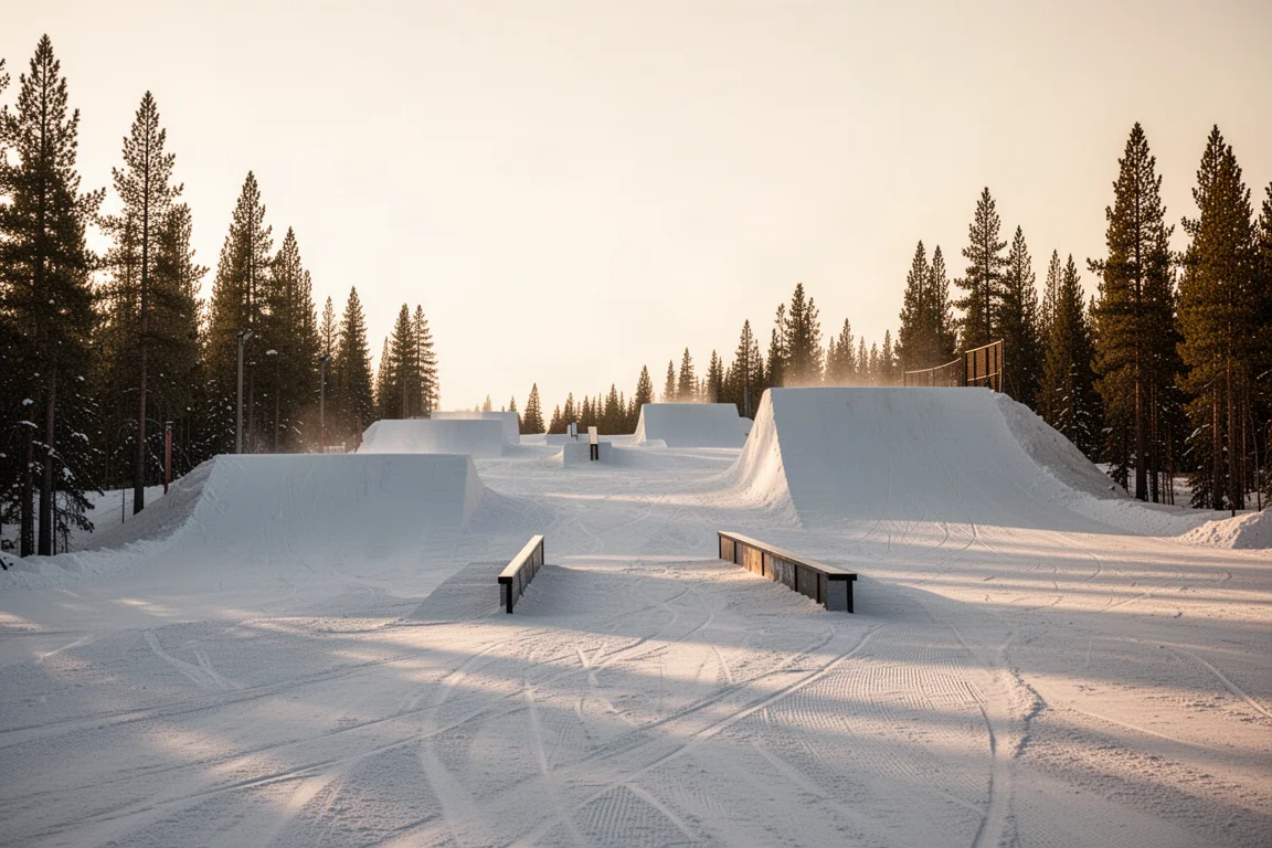 Terrain park jump line and rail features on a groomed slope at golden hour