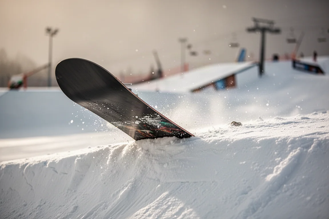 Snowboard tail pressed into a groomed snow lip with snow crystals in low light