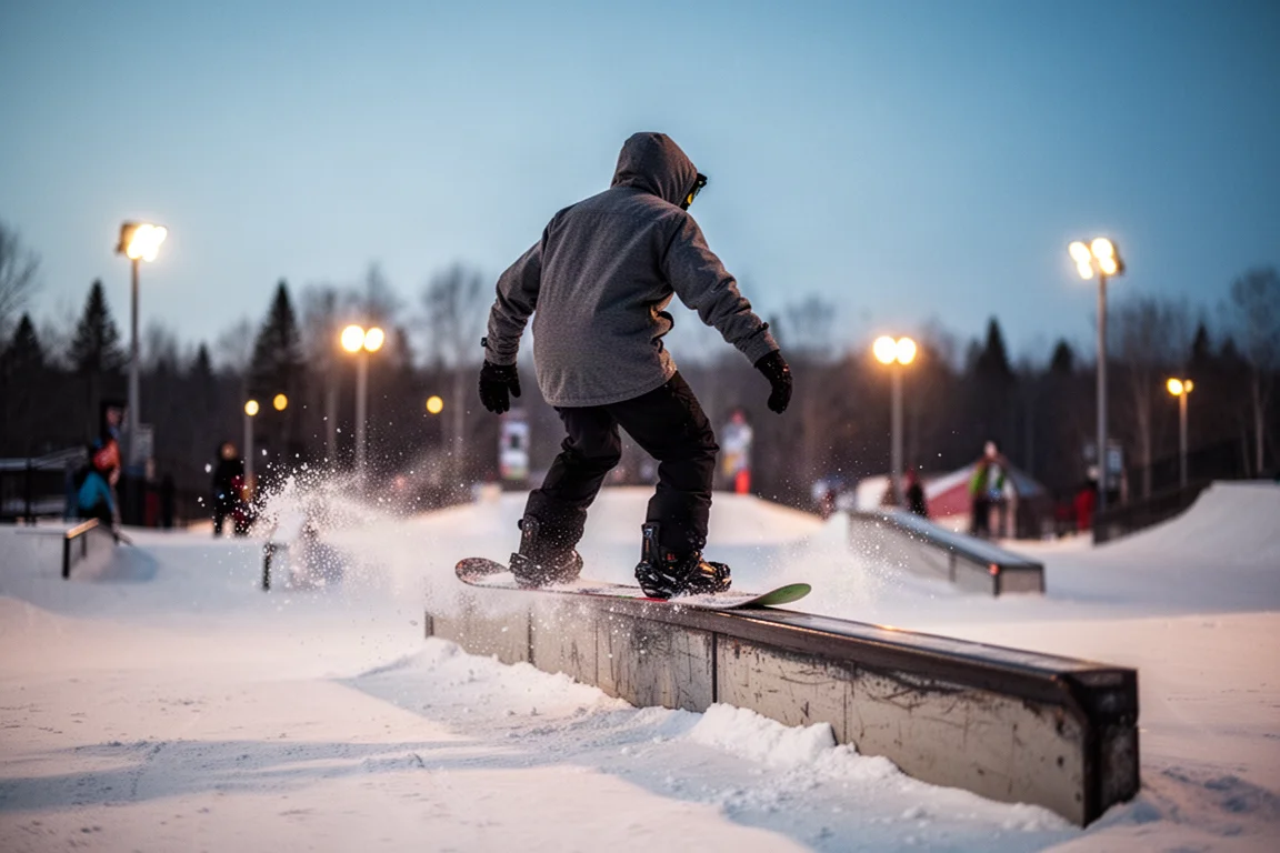 Snowboarder sliding a low park rail at dusk with snow spray behind the board