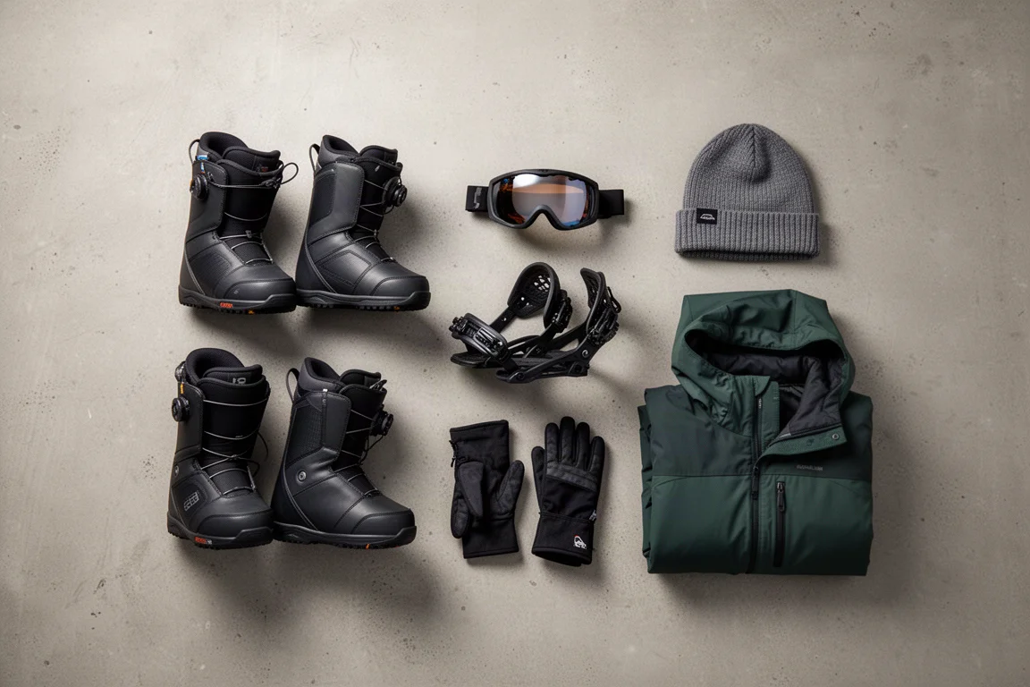 Overhead flat lay of snowboard boots, bindings, goggles, gloves, and a jacket