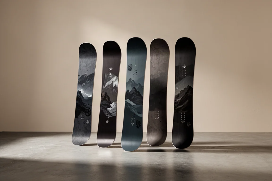 Row of freestyle snowboards standing upright on a concrete surface