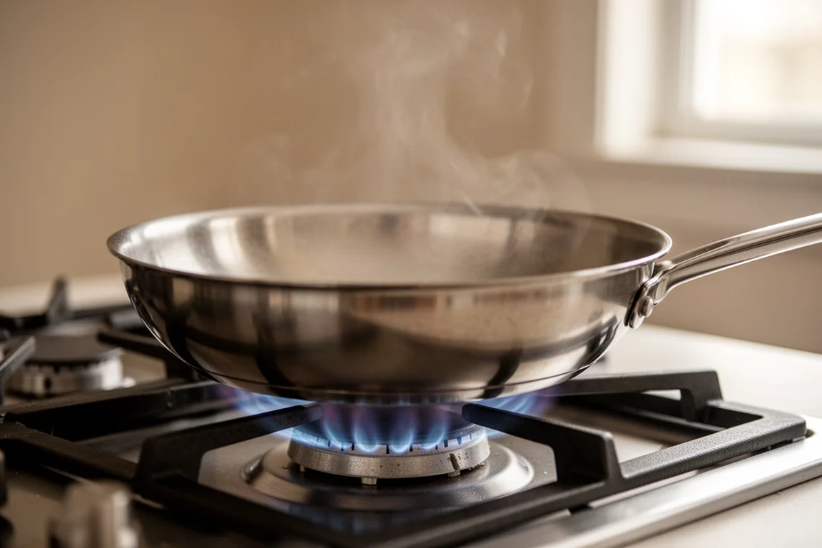 Sartén de acero inoxidable sellando alimentos de manera uniforme en una estufa de gas