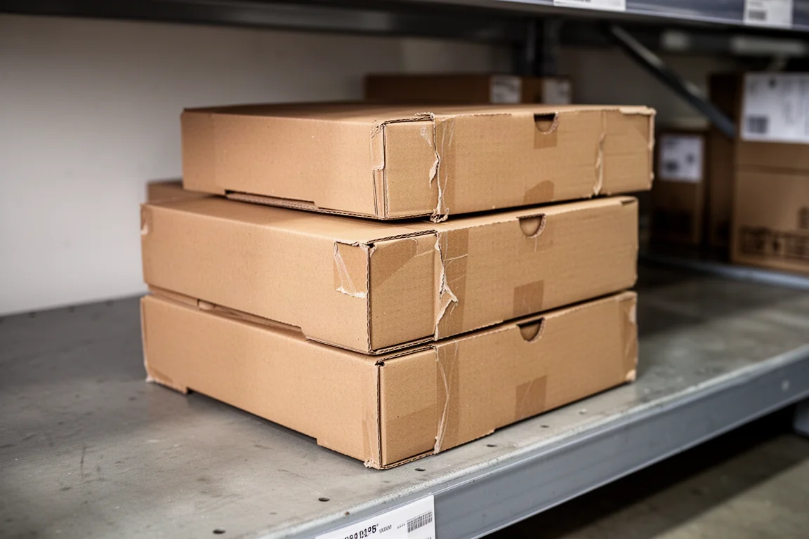 Pila de cajas de utensilios de cocina con descuento en un outlet de almacén
