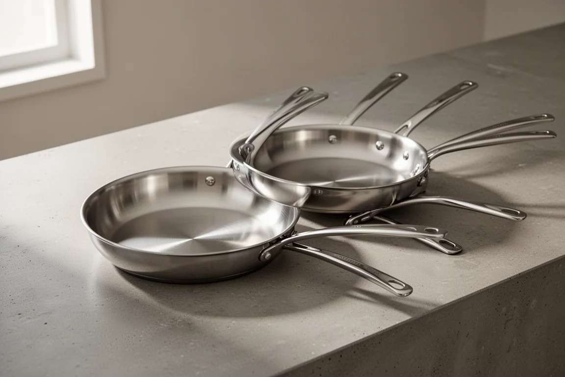 Three stainless steel frying pans arranged on a concrete kitchen counter