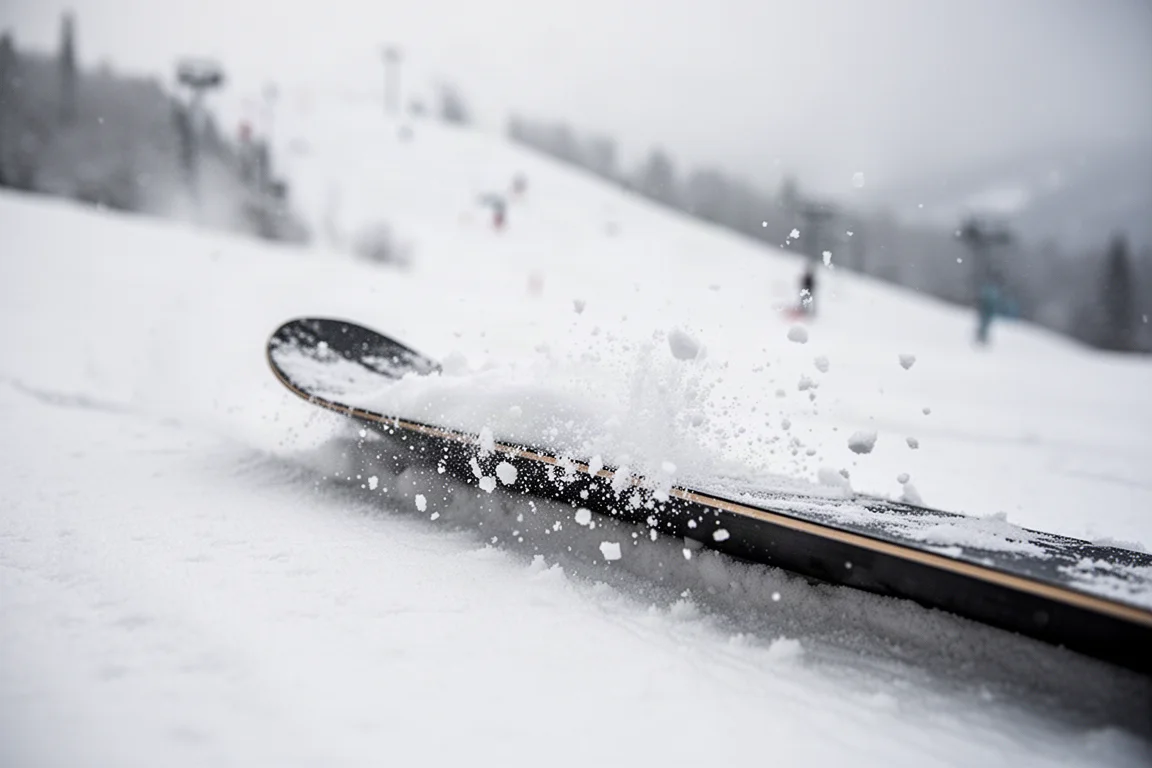 Snowboard edge pressed into firm groomed snow with crystals spraying from the contact point