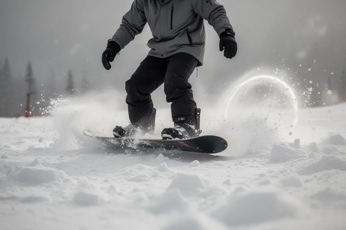 Snowboarder carving hard through chopped snow with spray arcing behind the board