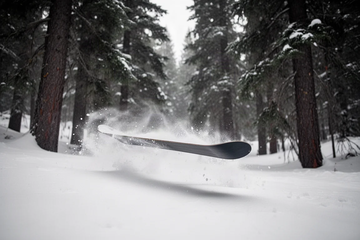 Snowboard floating through light powder in a gladed tree run