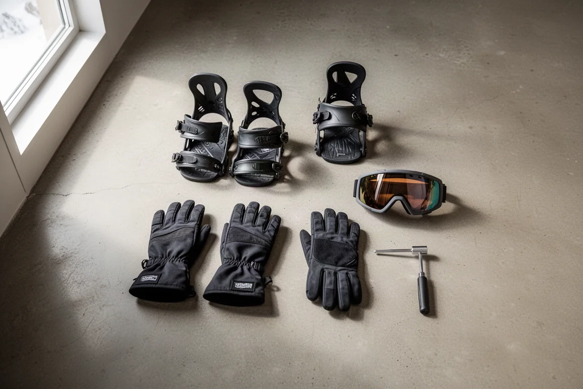 Overhead flat-lay of snowboard bindings, gloves, goggles, and a tuning tool on concrete