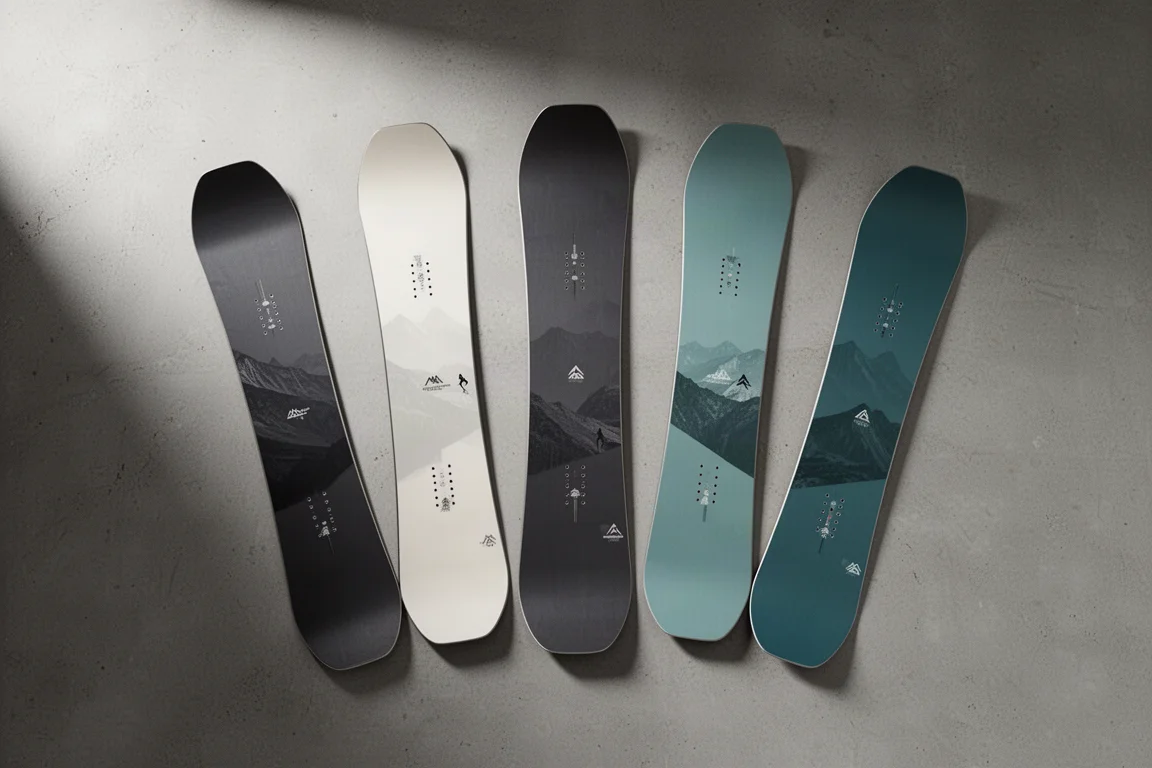 Five all-mountain snowboards laid in a fan on a concrete surface, viewed from above