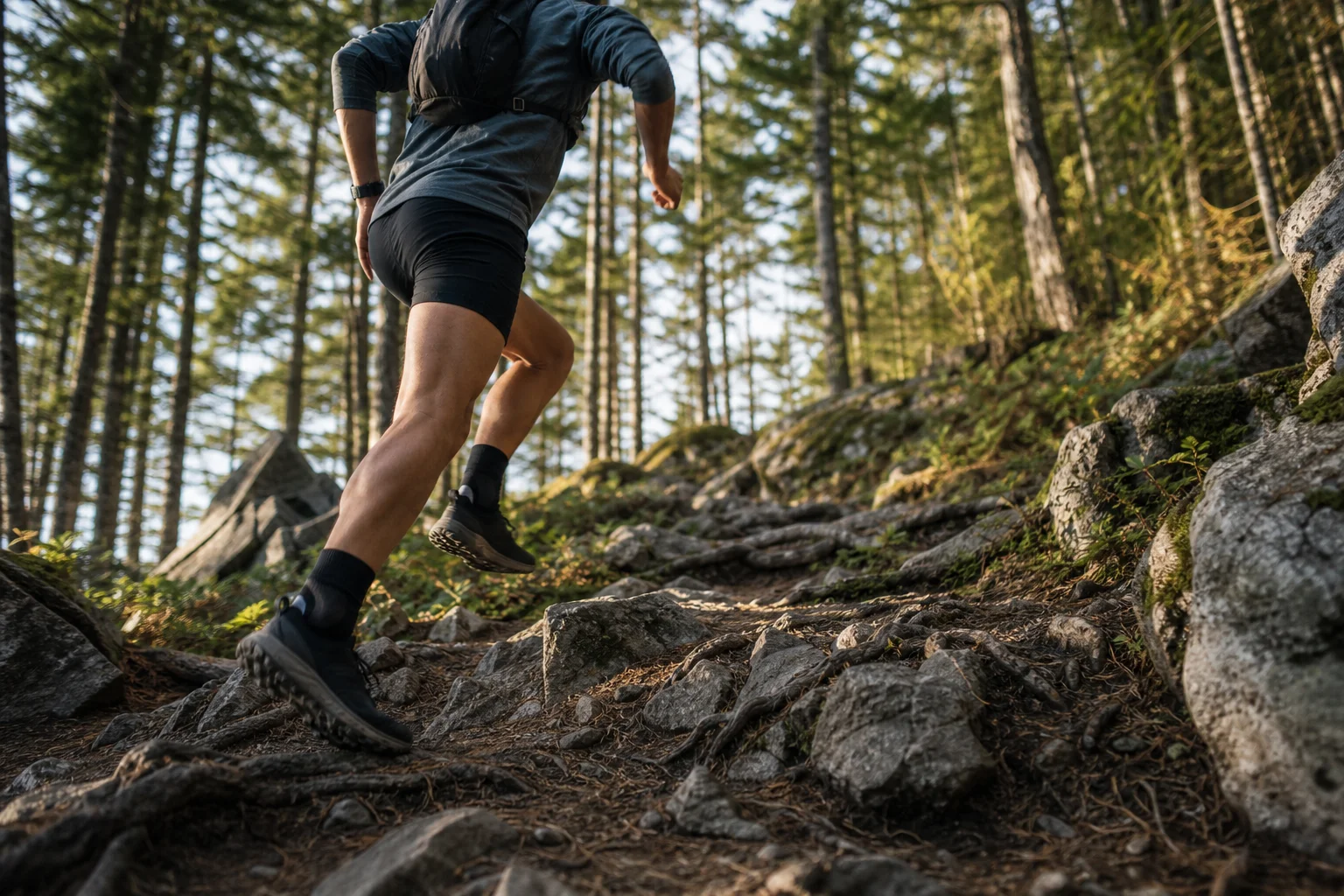 Trail runner che affronta un terreno roccioso e tecnico su un sentiero di montagna