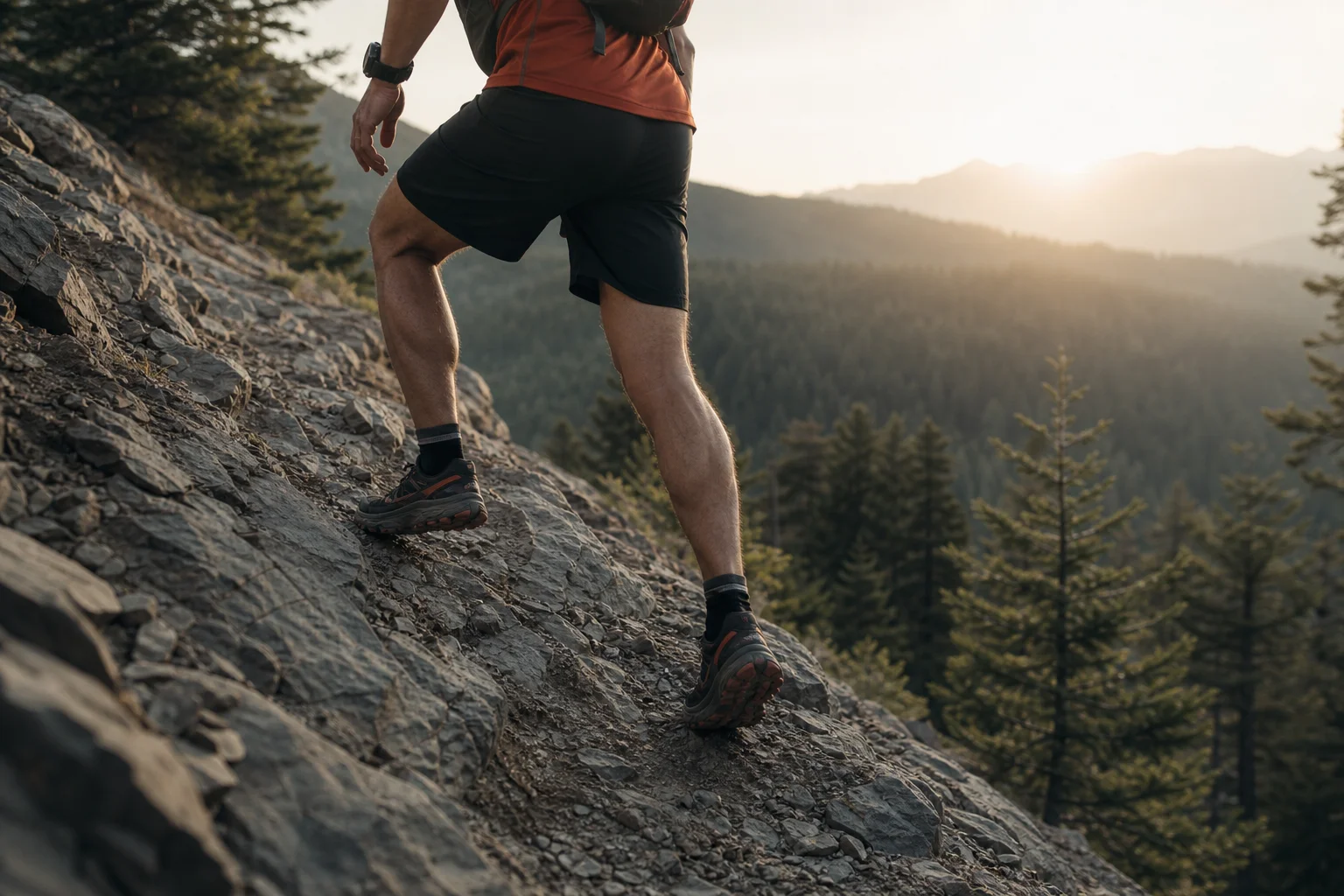 Trail runner che affronta una ripida salita rocciosa con uno sfondo boschivo