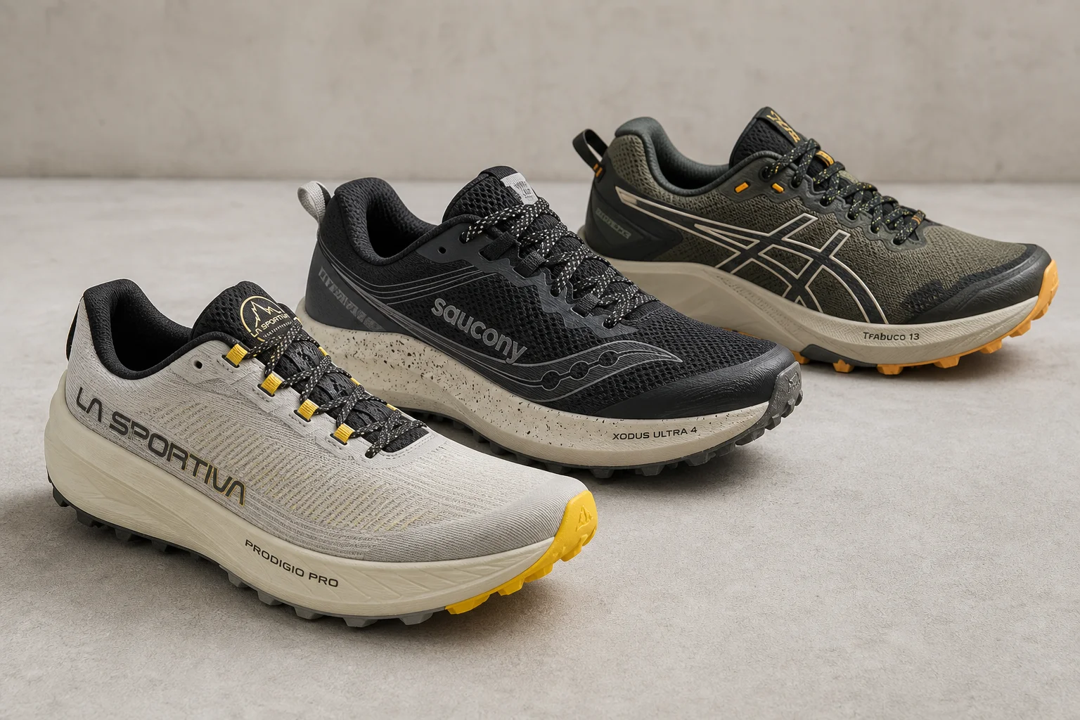 Three trail running shoes arranged on concrete: La Sportiva Prodigio Pro, Saucony Xodus Ultra 4, and ASICS Gel-Trabuco 13