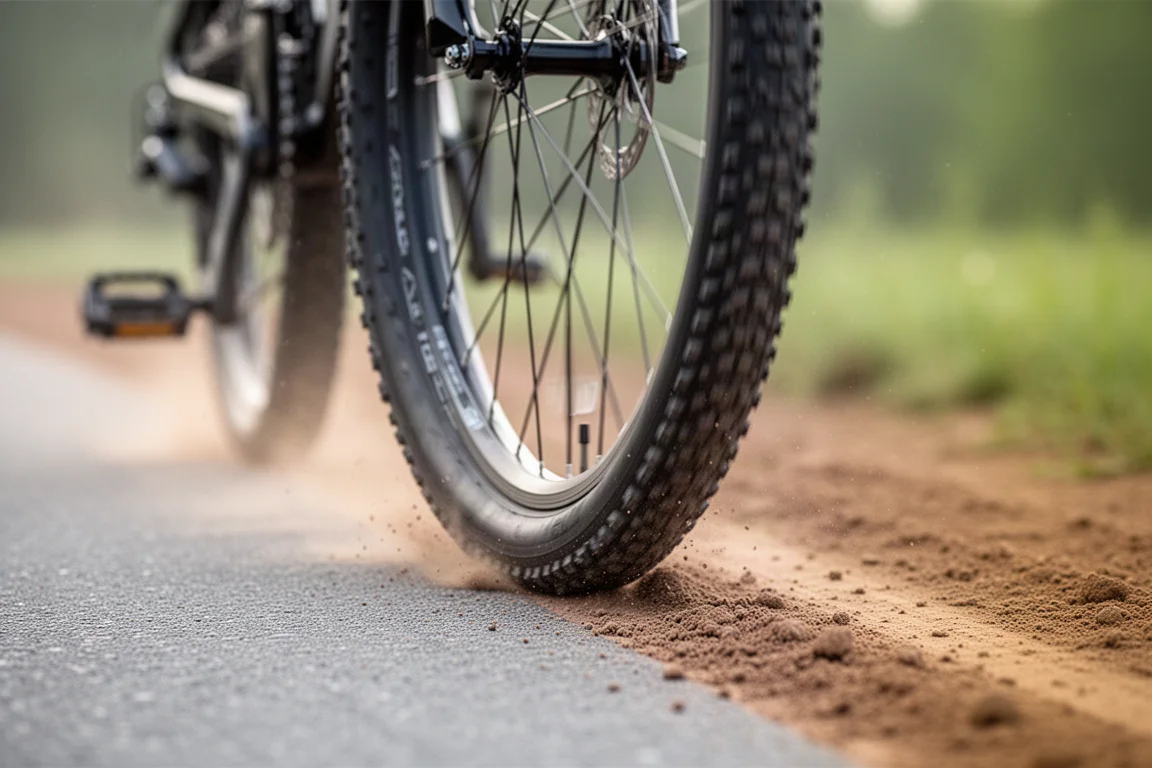 Rower all-road zjeżdżający z asfaltu na gruntową drogę w złotą godzinę