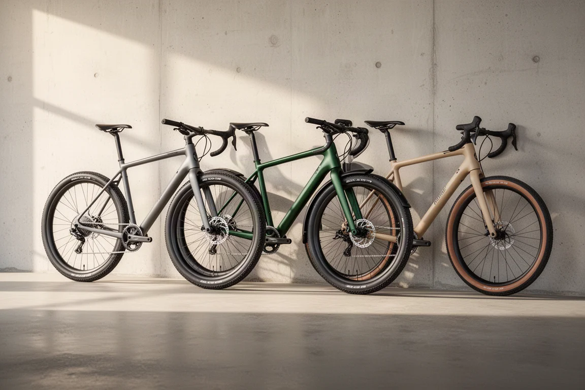 All-road endurance road bike with wide tires photographed in a minimal studio setting