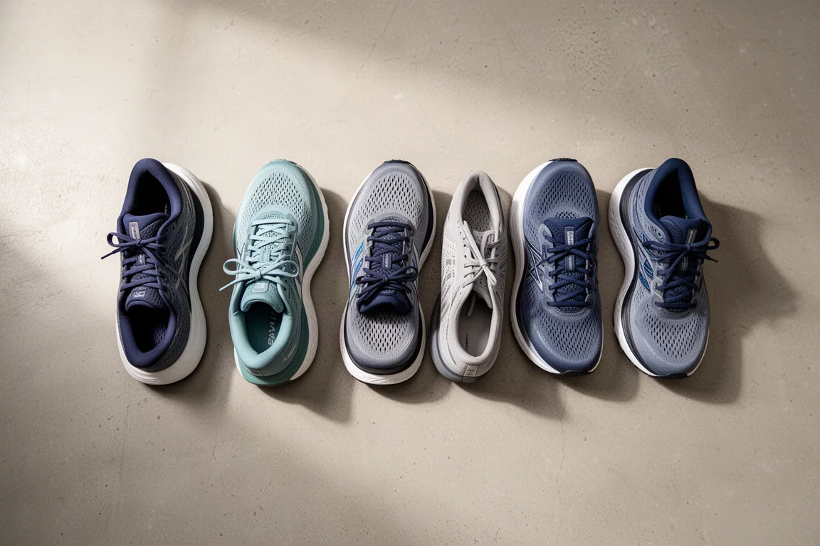 Six running shoes lined up side by side on a concrete floor