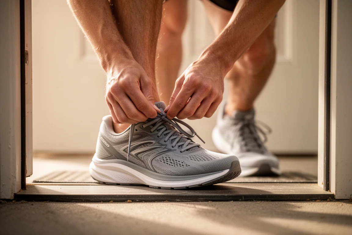 Runner lacing up a running shoe on a doorstep in soft morning light