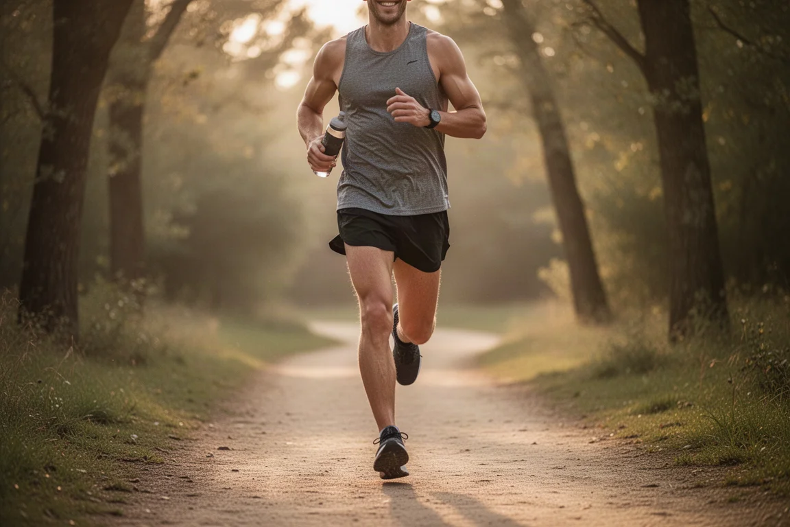 Runner smiling on a trail path during an easy run