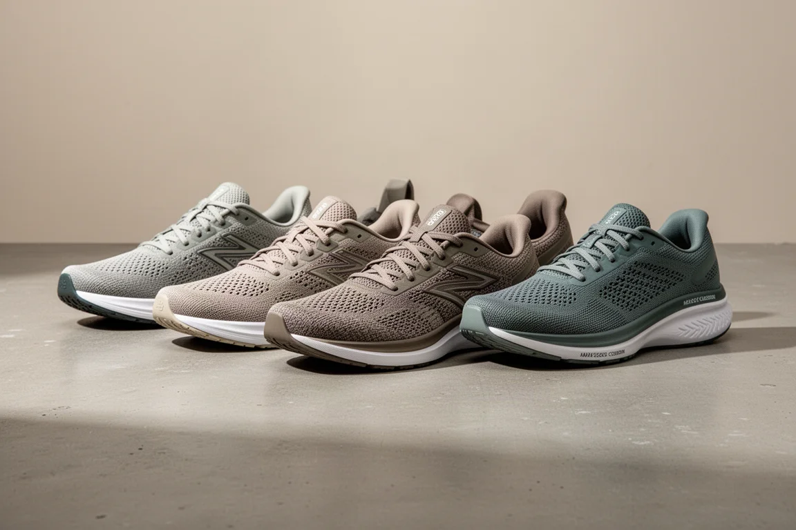 Sechs alltägliche Laufschuhe in einer Reihe auf einer Betonfläche angeordnet