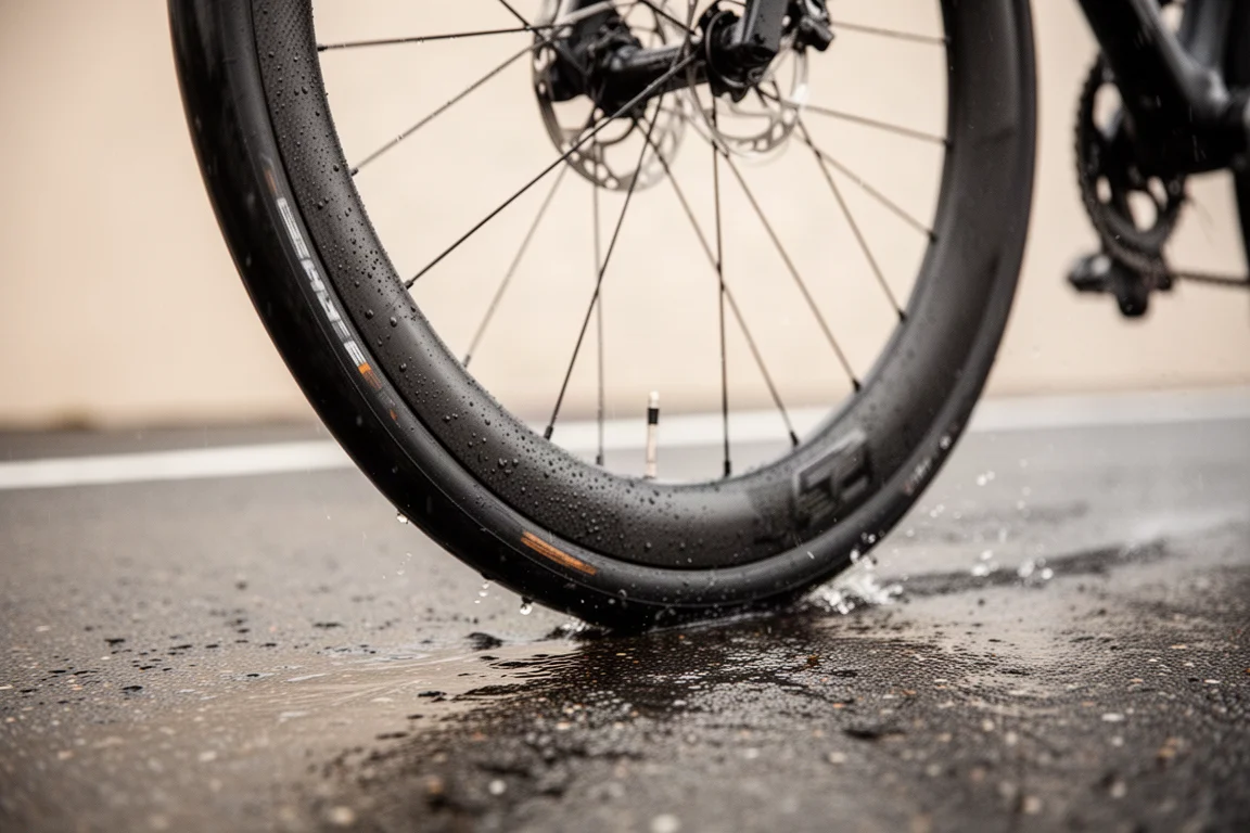公路車輪胎在濕滑柏油路上過彎的特寫