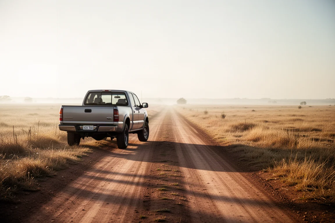 Pickup truck on a rural dirt road in early morning light