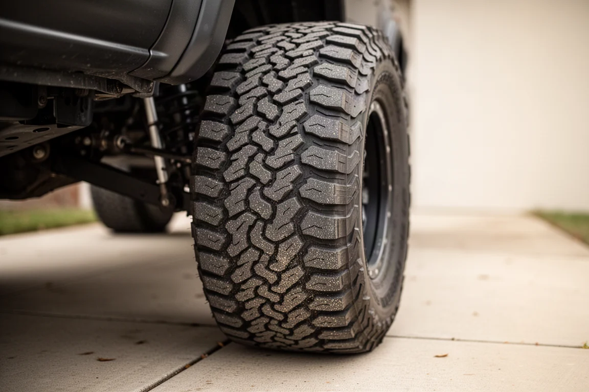 Close-up of a truck tire tread pattern on a concrete surface