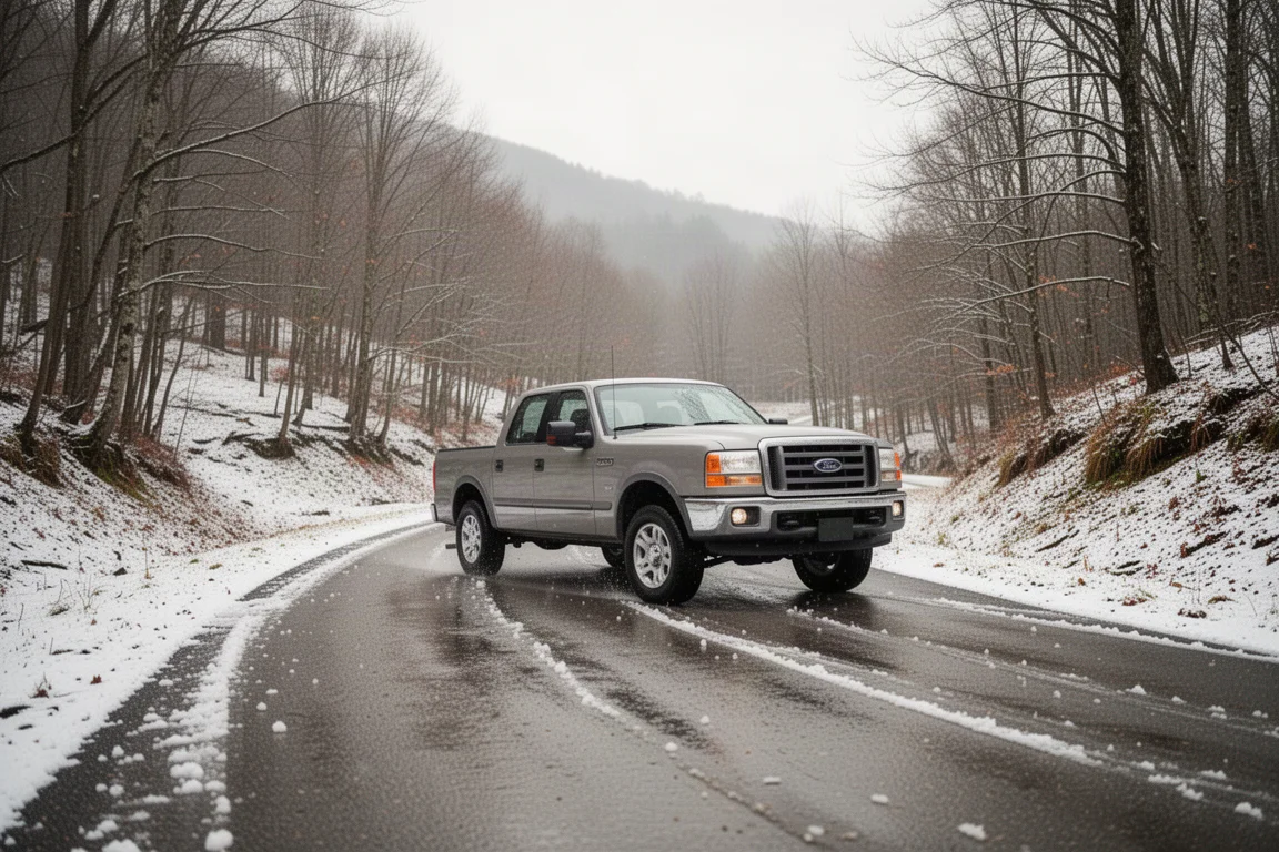 Truck driving through light snow on a mountain road