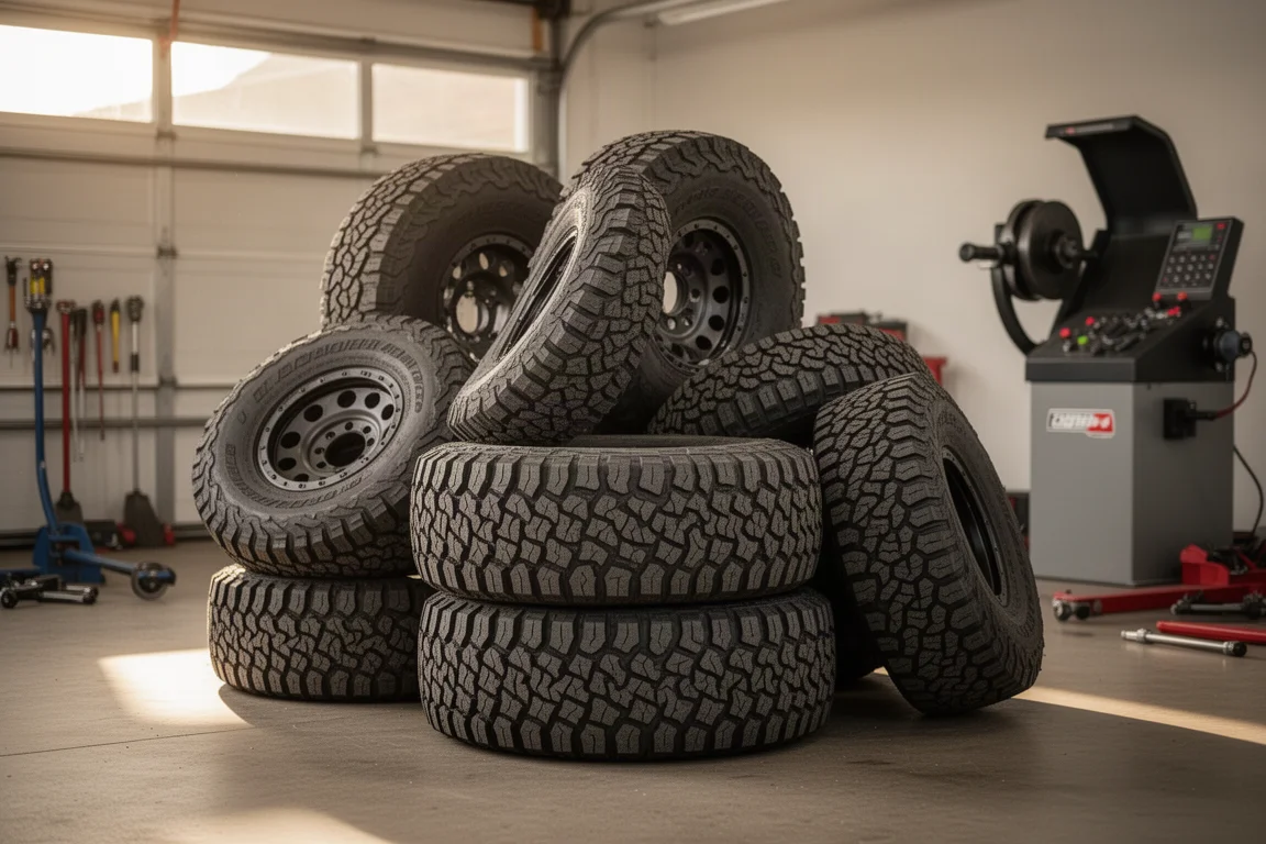 Set of freshly mounted truck tires in a workshop setting
