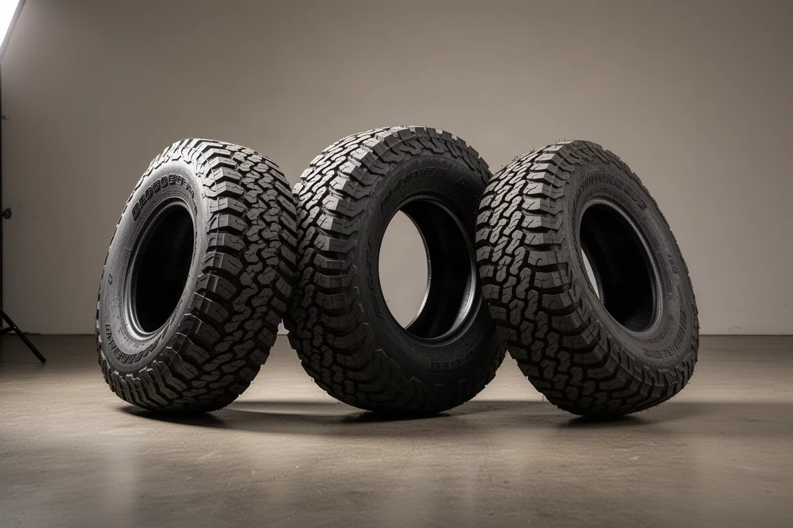 Three all-terrain truck tires with aggressive tread patterns on a concrete floor