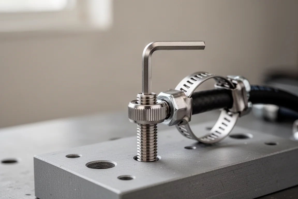 Hex key inserted into a stainless bolt head clamped in a test fixture