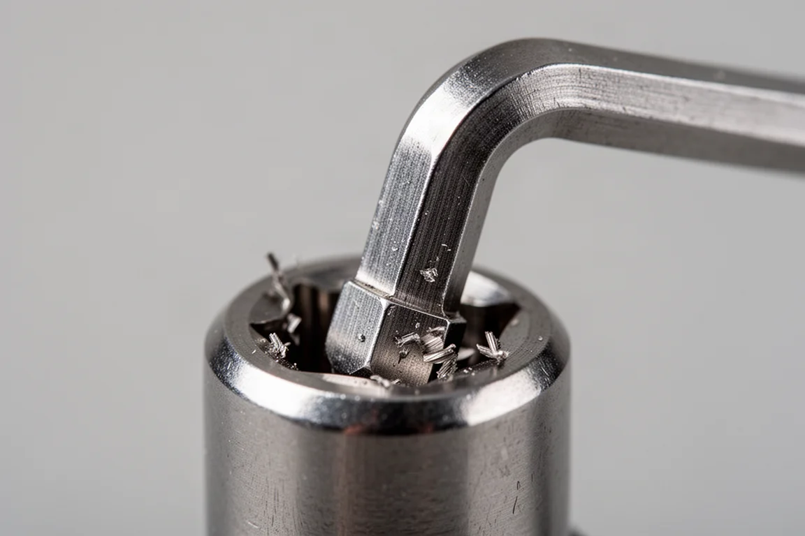 Close-up of a hex key seated in a bolt showing side-to-side fit
