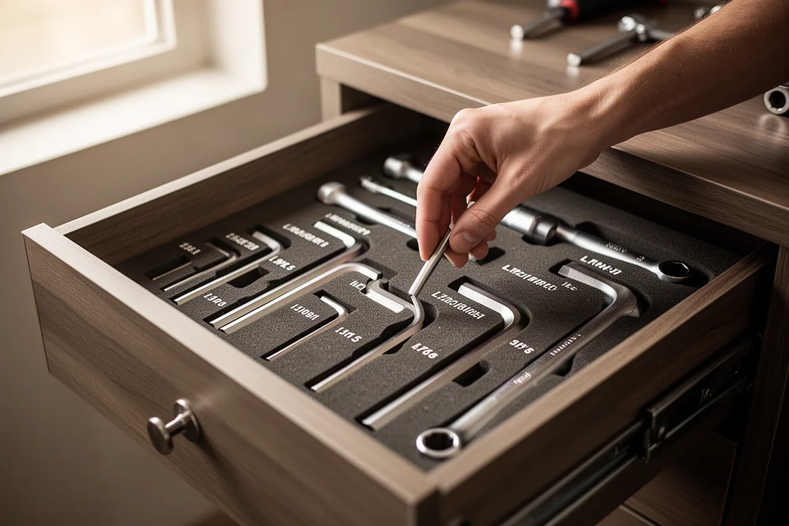 Hands reaching for hex keys in an open workshop drawer