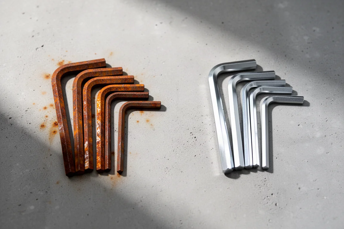 Rusted and clean hex keys side by side after a corrosion test