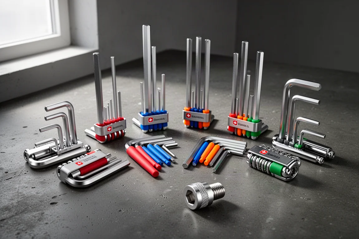 Eight hex key sets with varying finishes arranged on a dark workshop surface