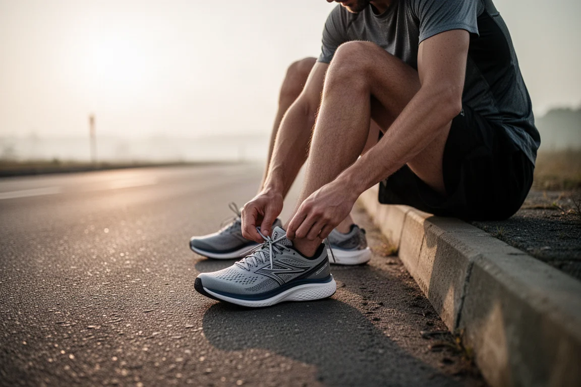 Un runner allaccia una scarpa da running ammortizzata su una strada silenziosa all'alba