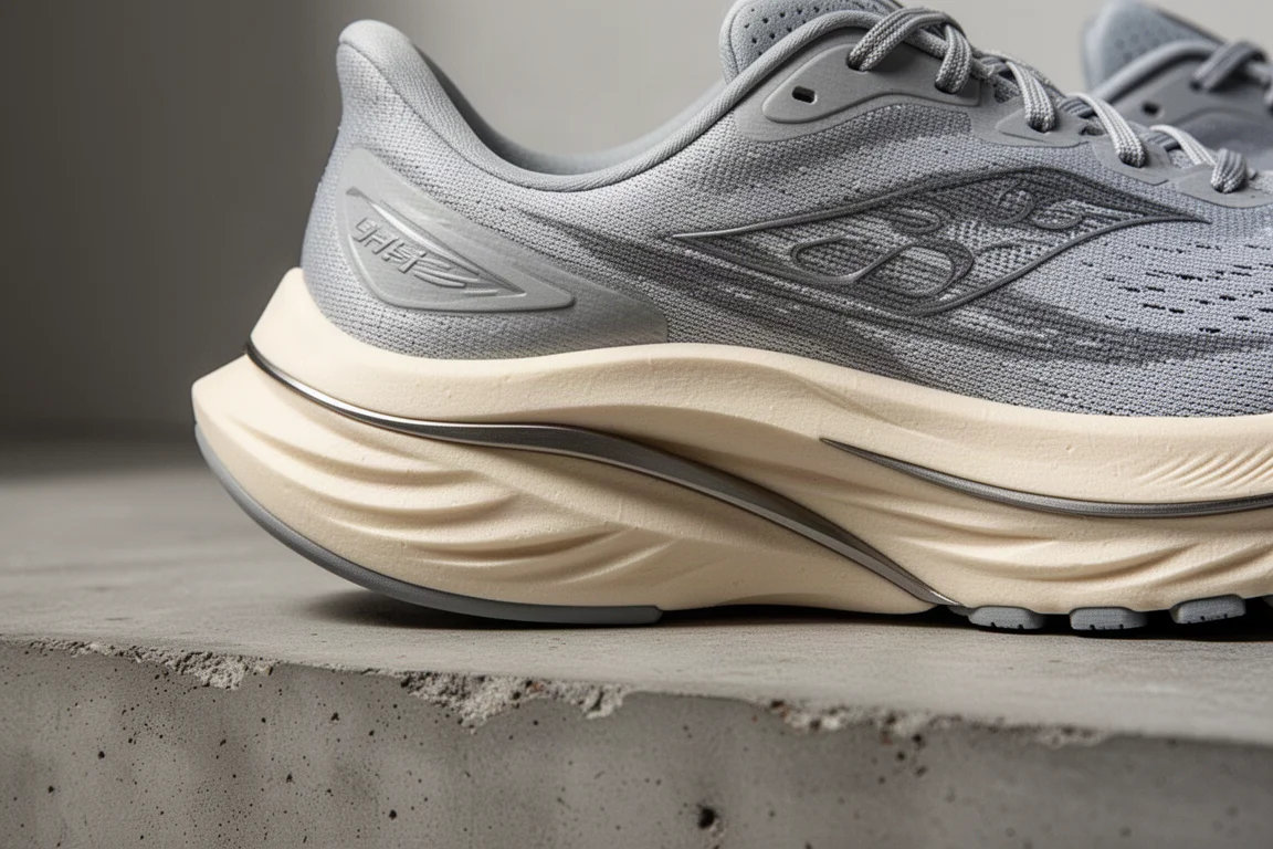Primo piano della midsole di una scarpa da running con curvatura della schiuma e altezza dello stack