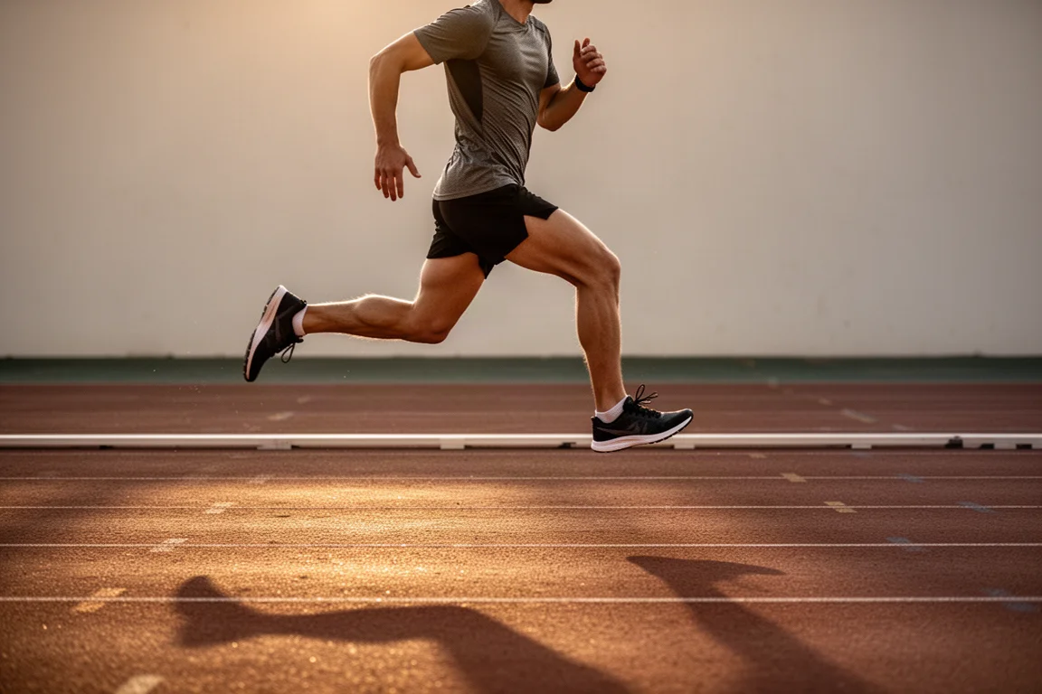 Un runner esegue Series su una pista di atletica nella luce soffusa della sera