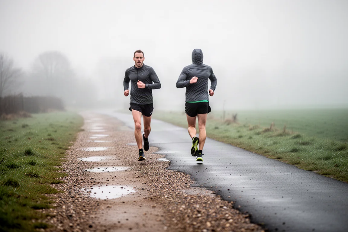 Runner su un percorso misto asfalto e sterrato in una fresca mattina nuvolosa