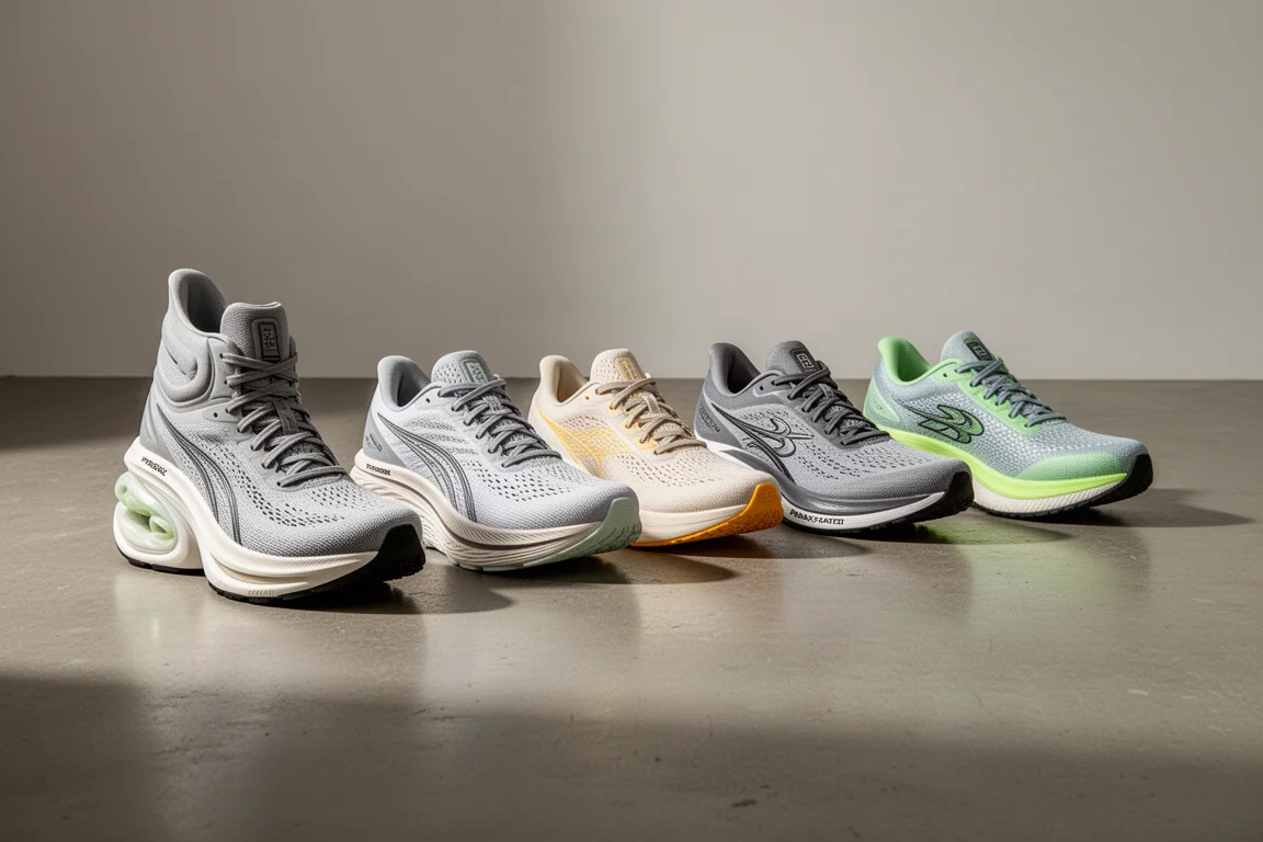Five versatile running shoes arranged in a row on a concrete studio floor